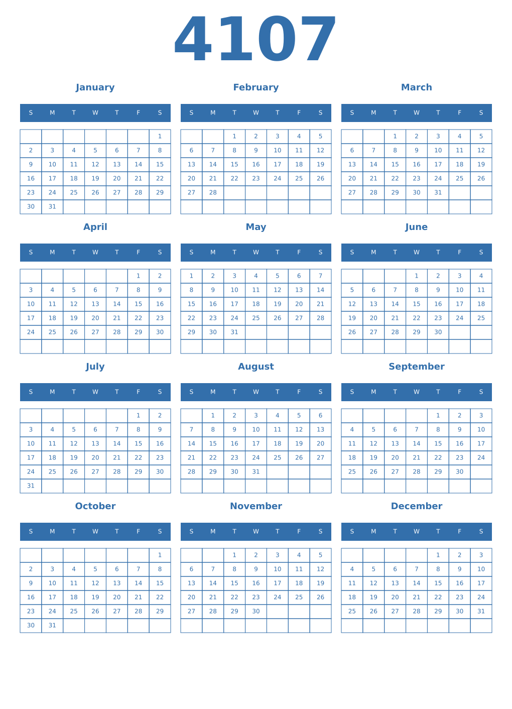 Printable 4107 Year Calendars blue