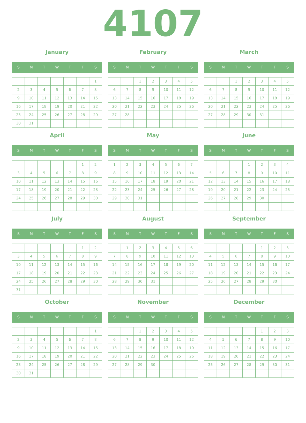 Printable 4107 Year Calendars celadon