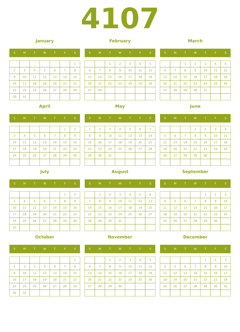 Printable 4107 Year Calendars chartreuse