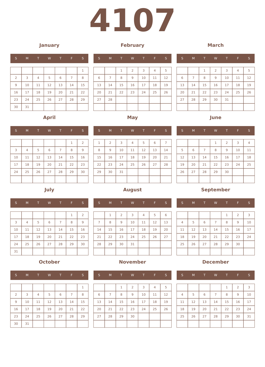 Printable 4107 Year Calendars coffe