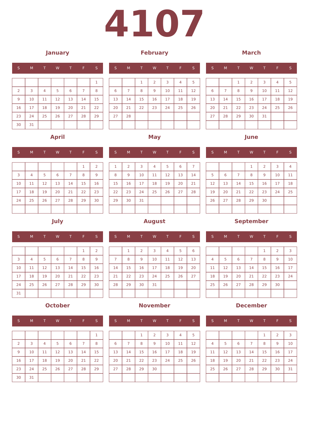 Printable 4107 Year Calendars cordovan
