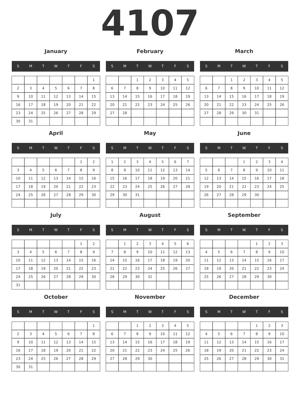 Printable 4107 Year Calendars dark