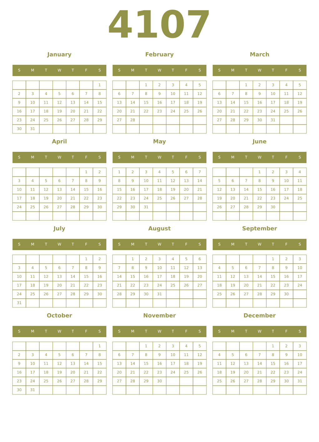 Printable 4107 Year Calendars eburnean