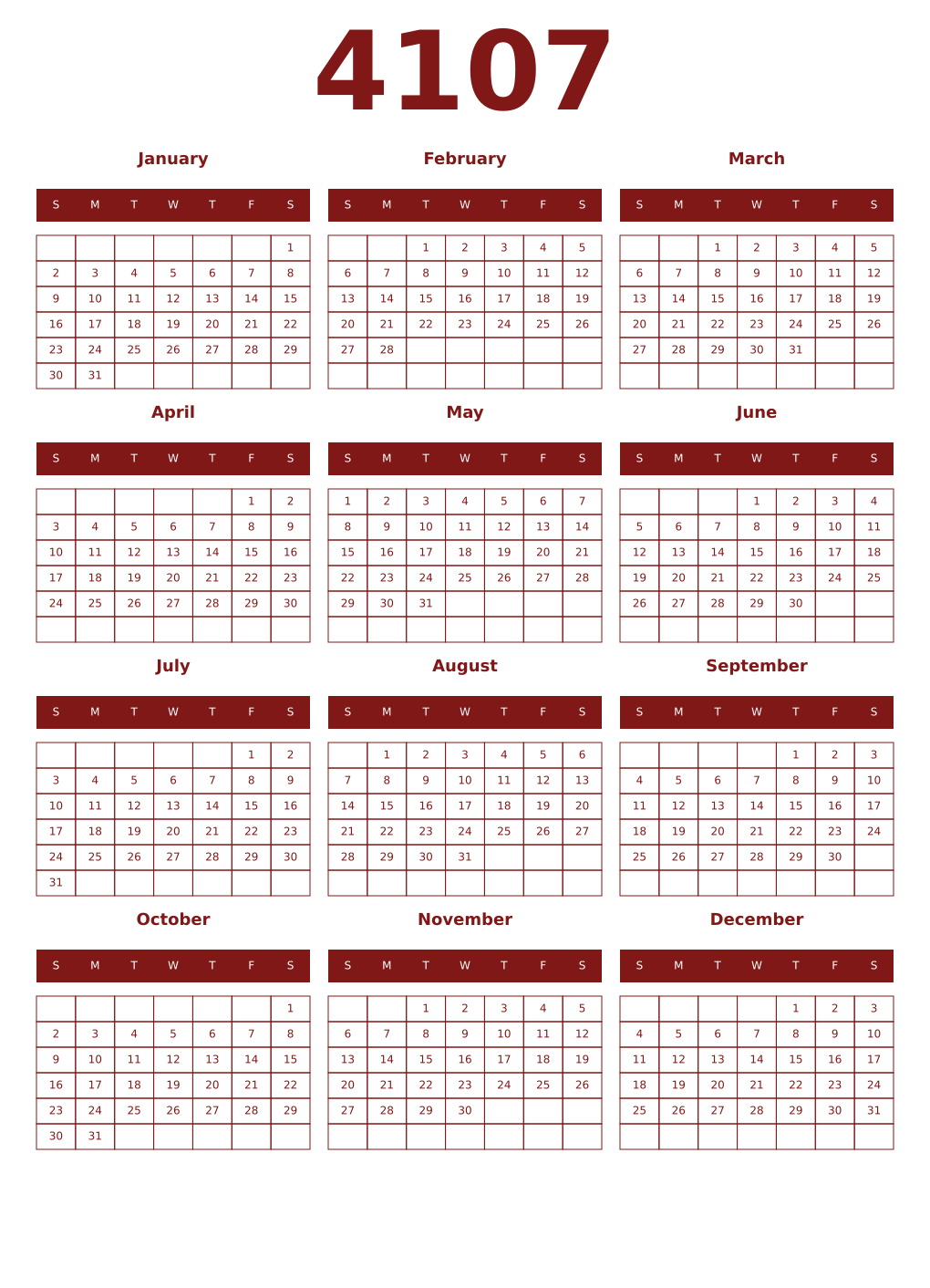 Printable 4107 Year Calendars falu