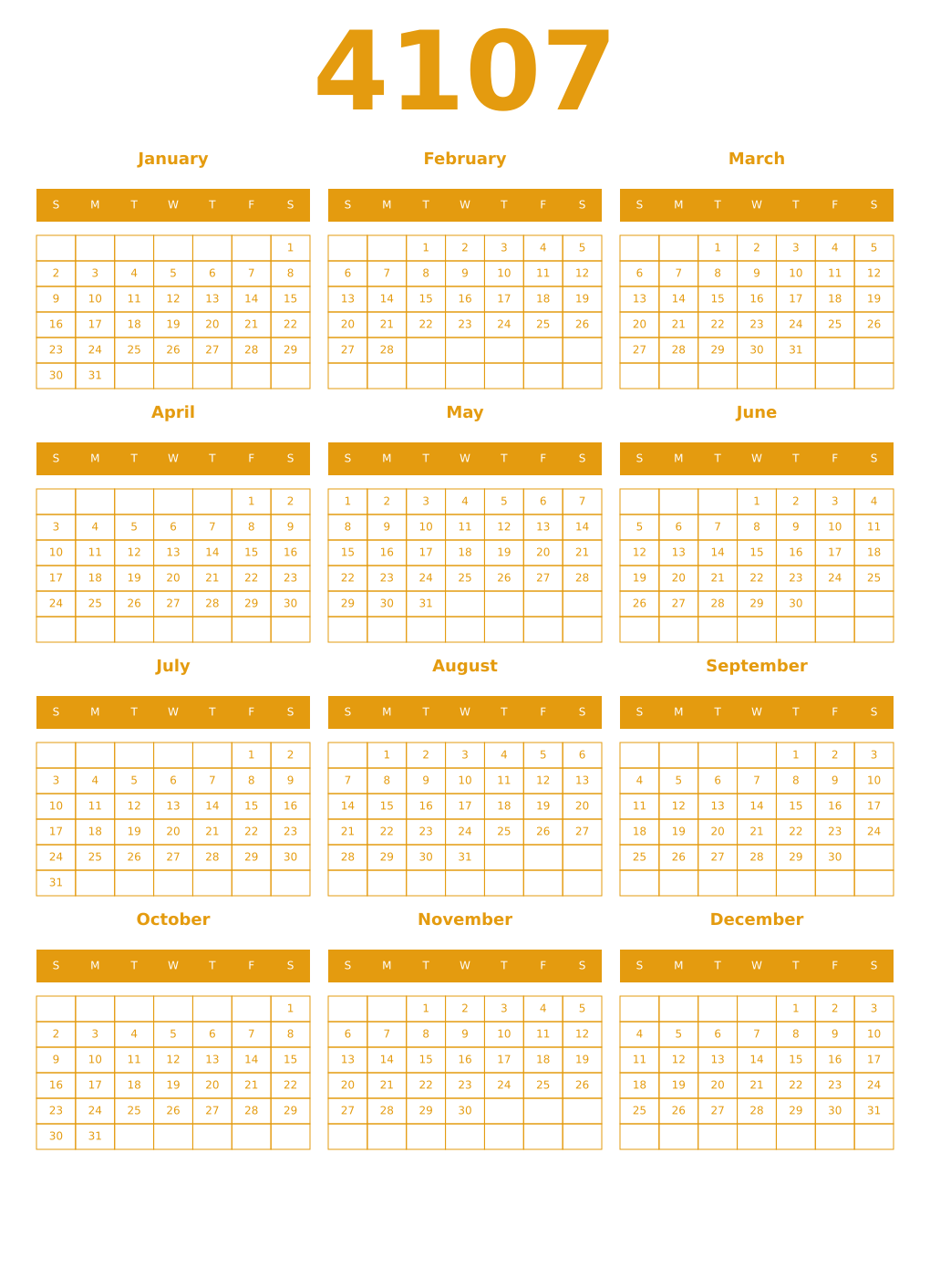 Printable 4107 Year Calendars gamboge