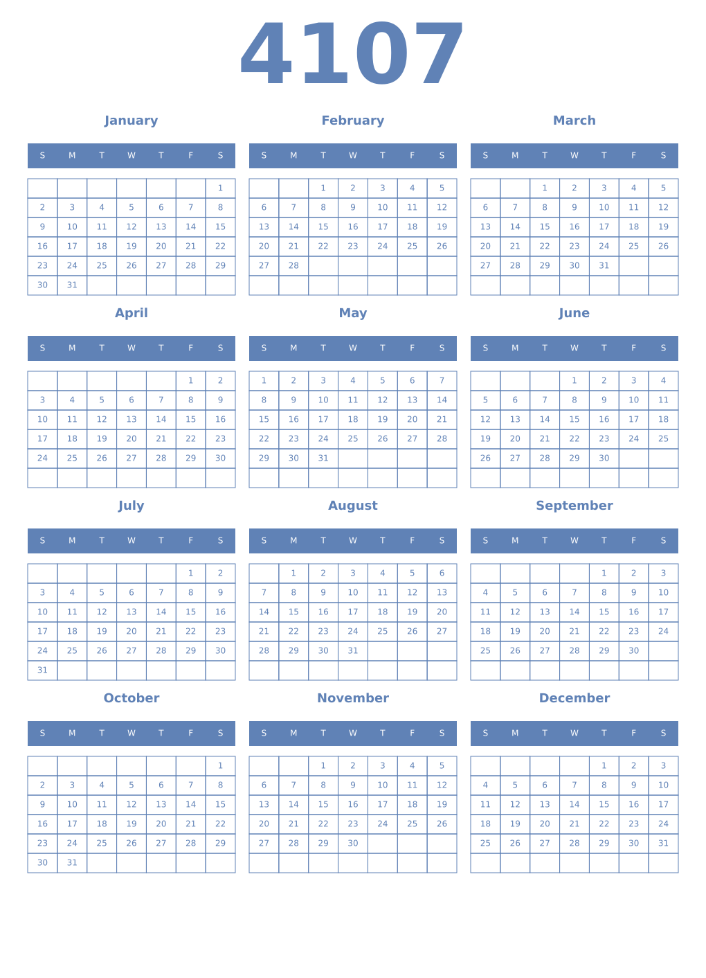 Printable 4107 Year Calendars glaucous