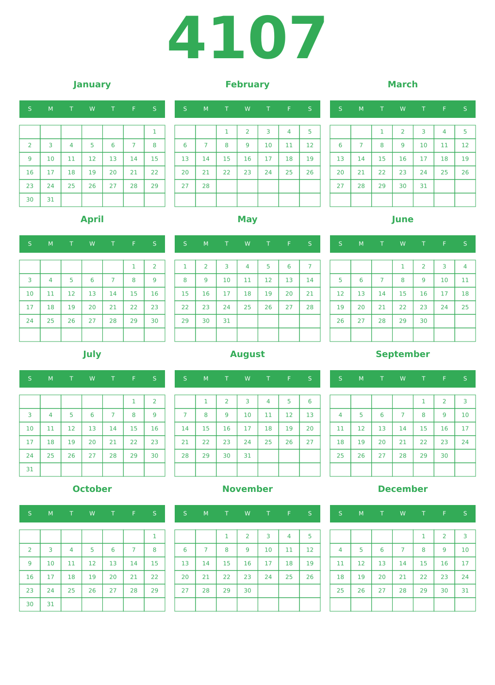Printable 4107 Year Calendars green