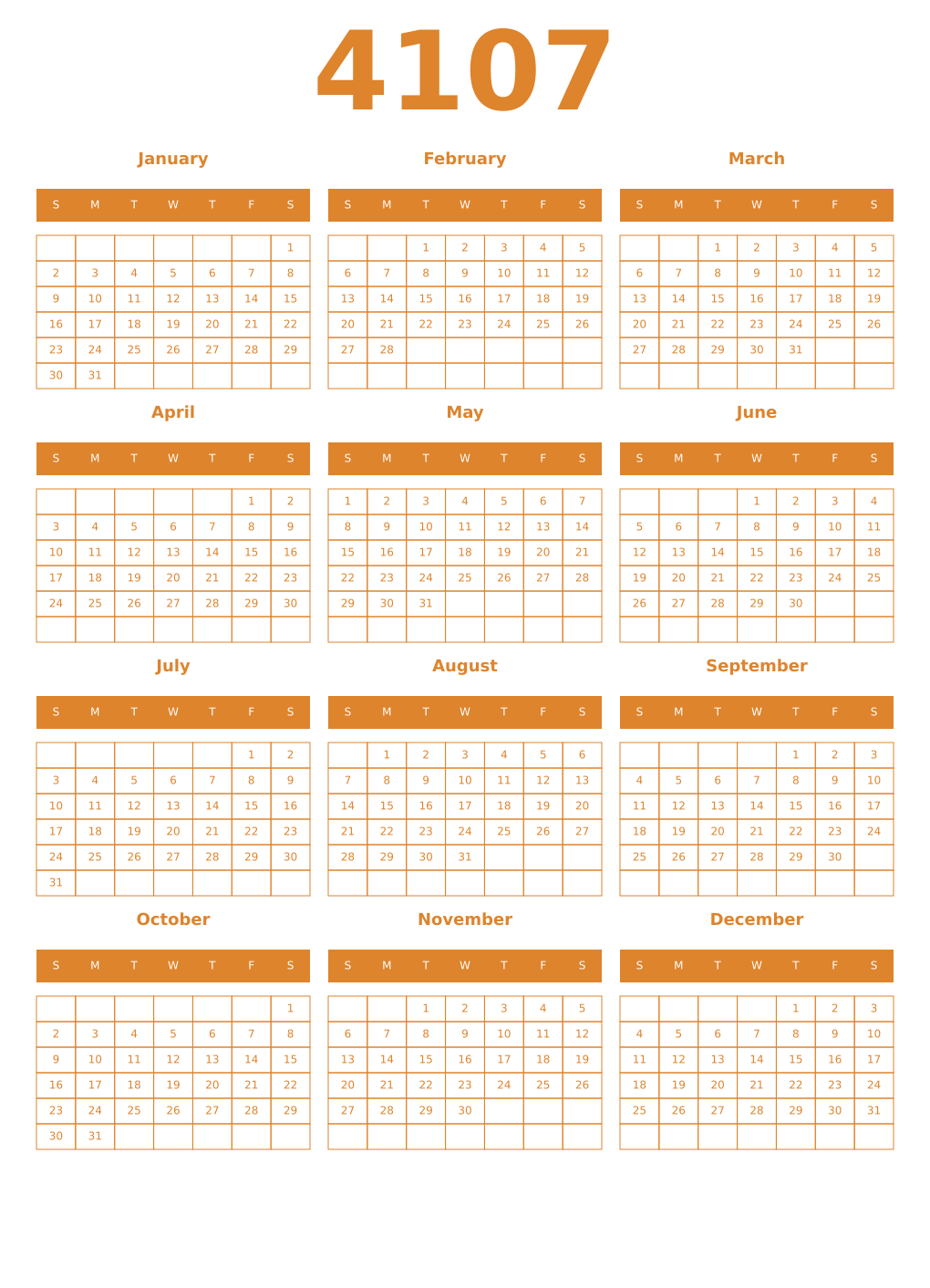 Printable 4107 Year Calendars orange