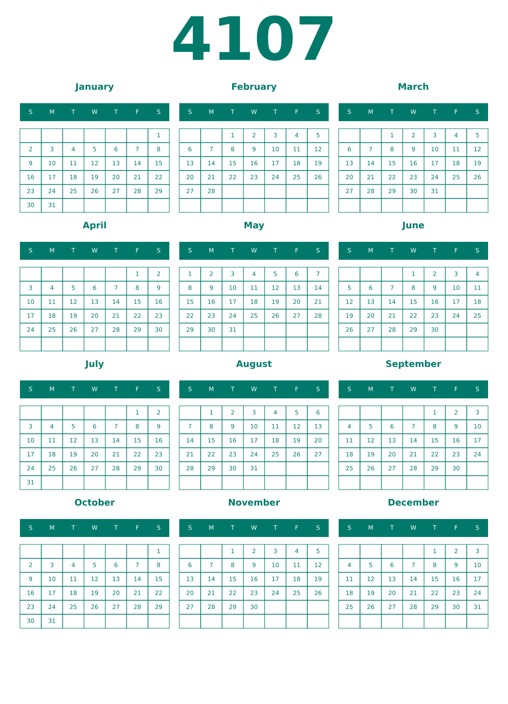 Printable 4107 Year Calendars pastel