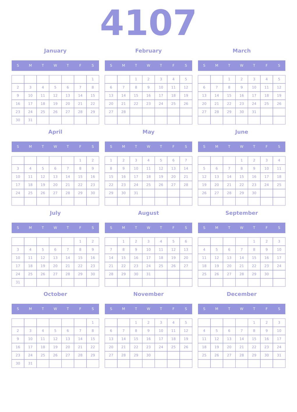 Printable 4107 Year Calendars periwinkle