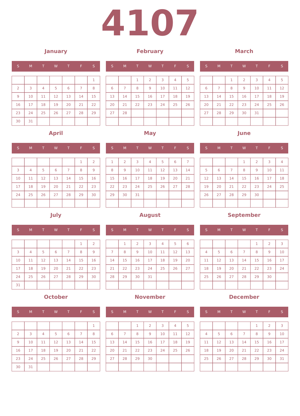 Printable 4107 Year Calendars puce