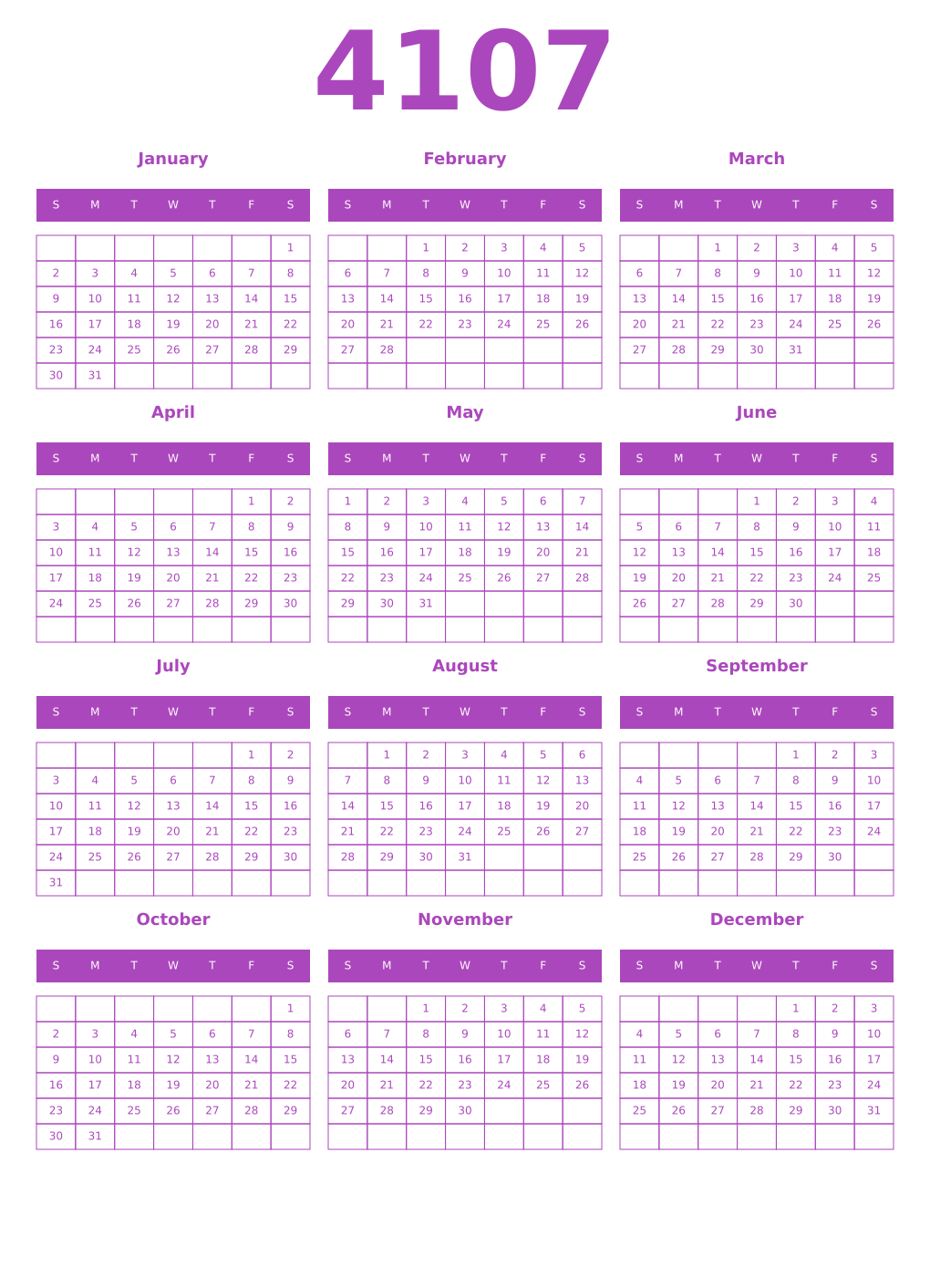 Printable 4107 Year Calendars purple