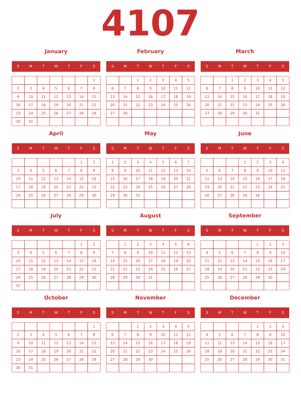 Printable 4107 Year Calendars red