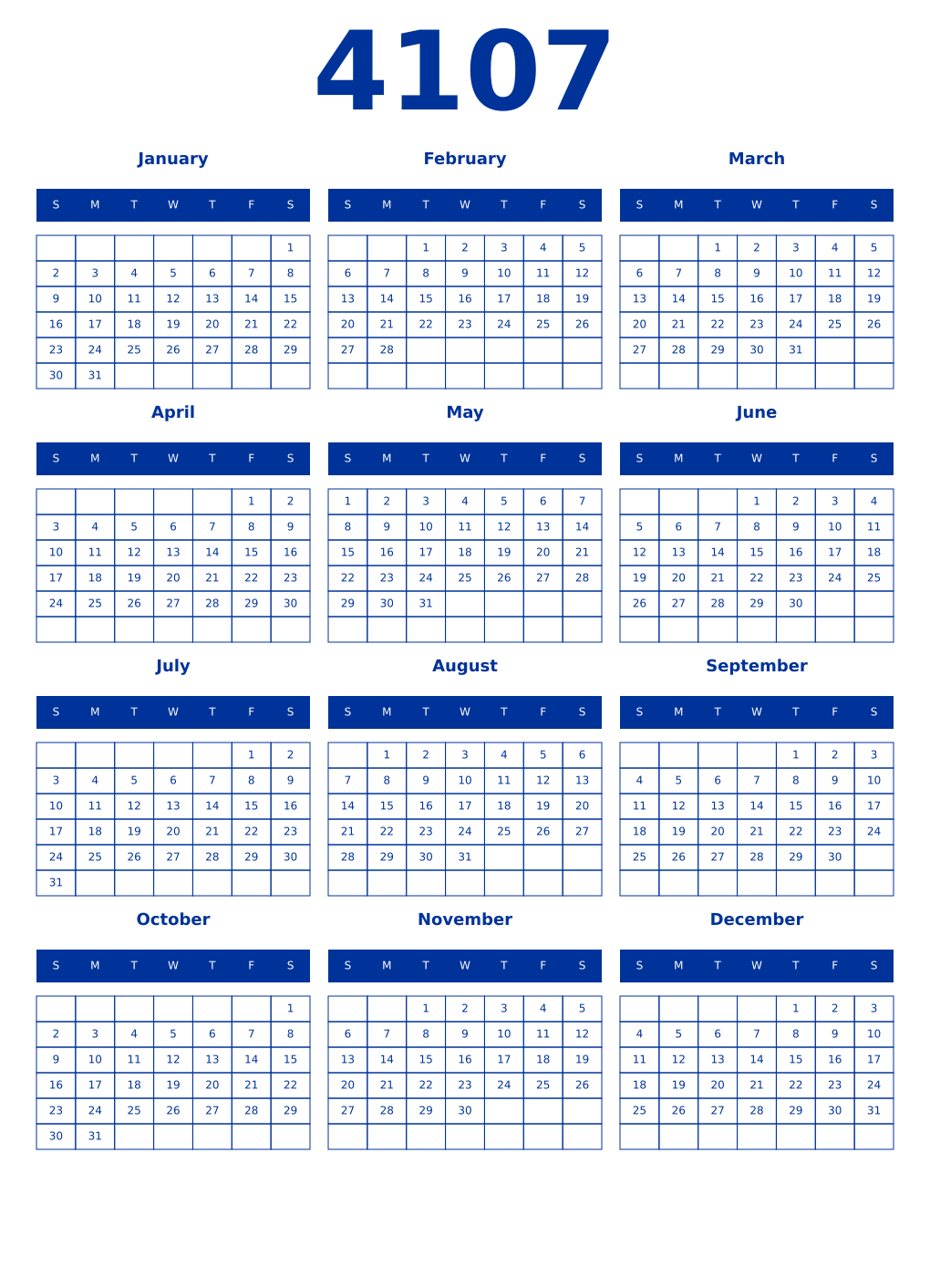 Printable 4107 Year Calendars smalt