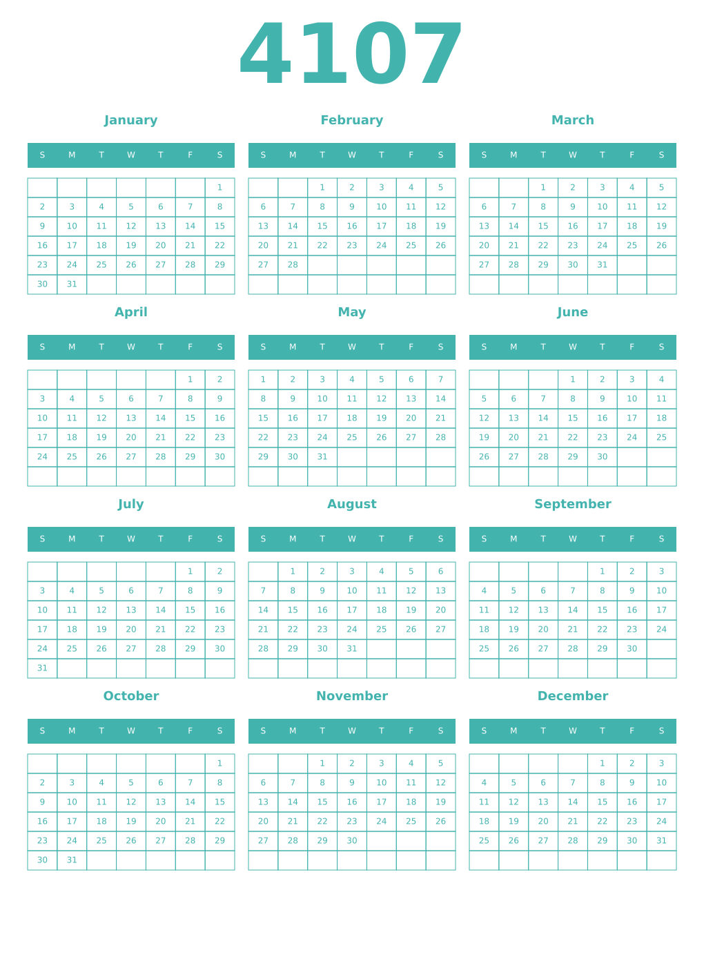 Printable 4107 Year Calendars verdigris