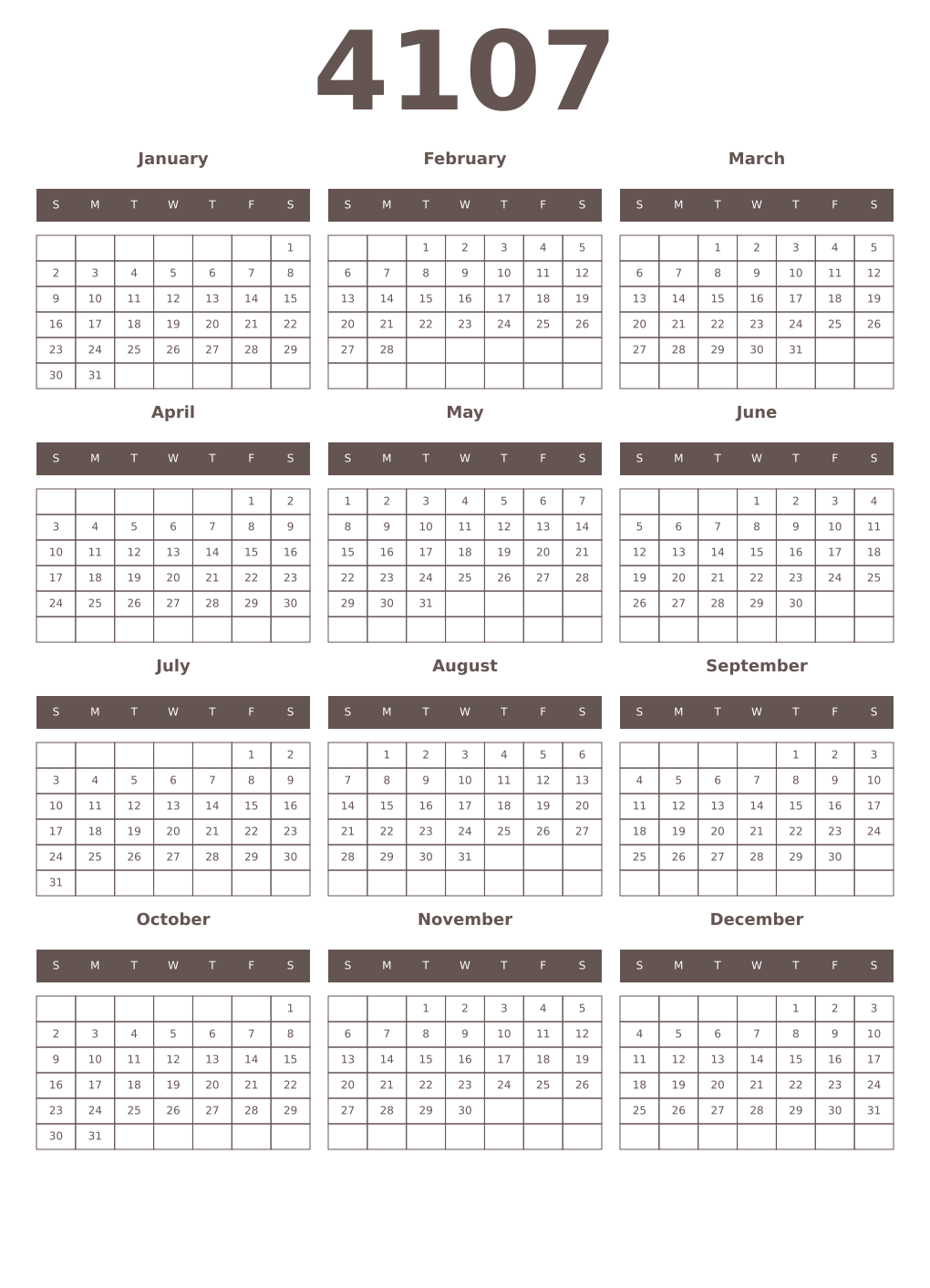 Printable 4107 Year Calendars wenge