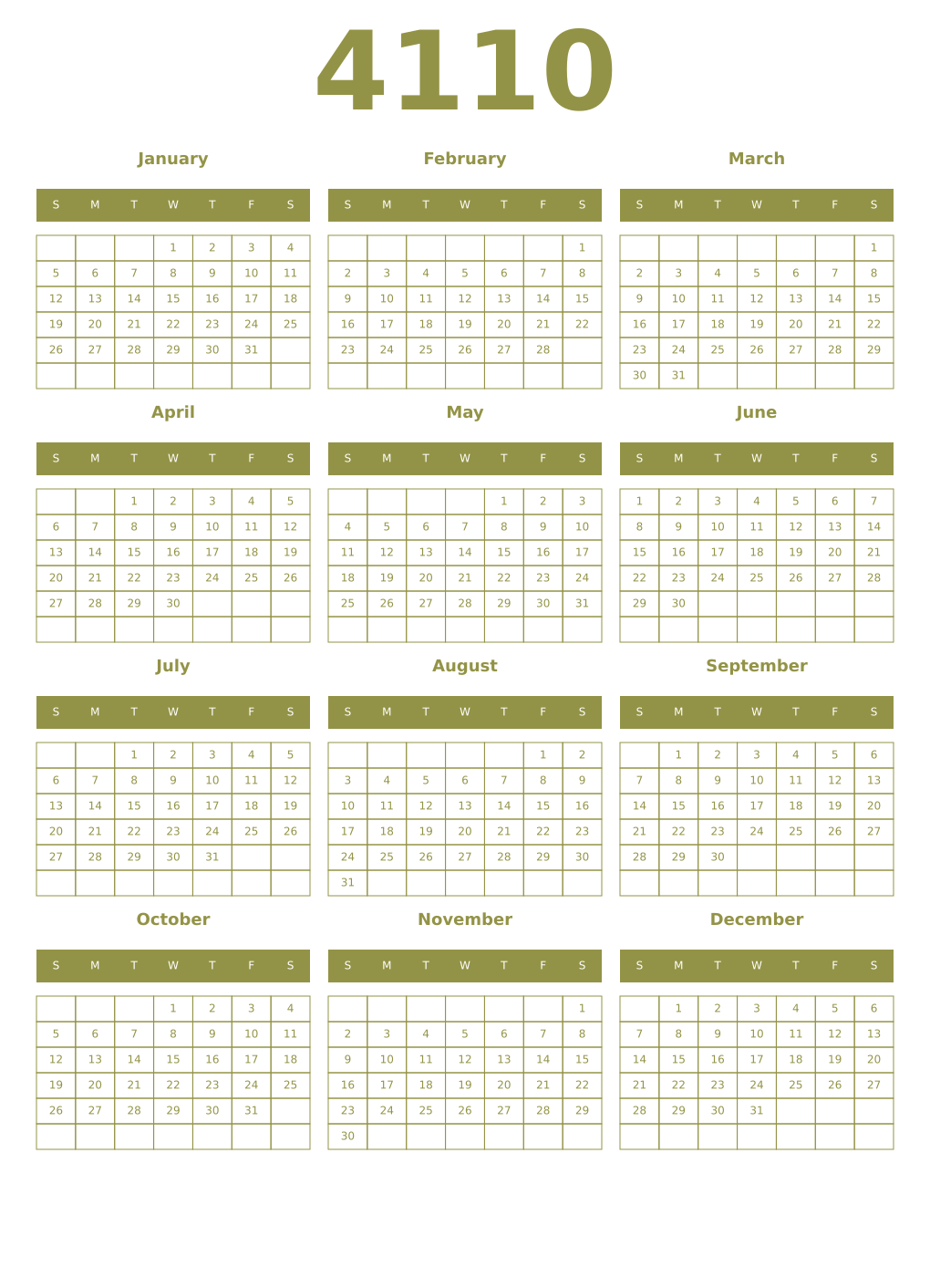 Printable 4110 Year Calendars eburnean