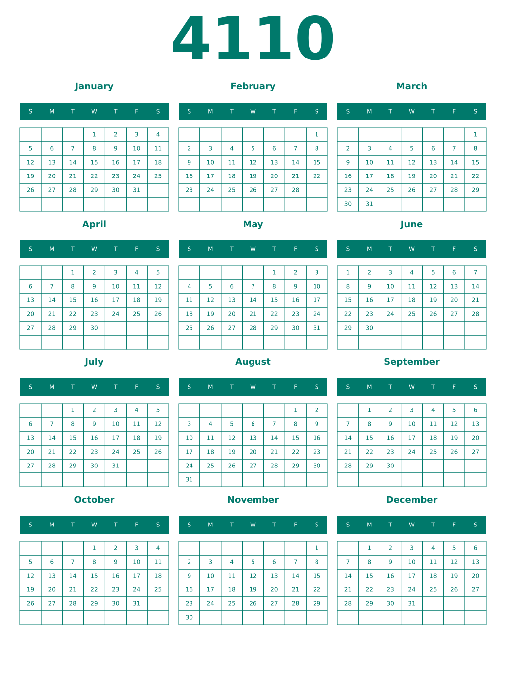 Printable 4110 Year Calendars pastel