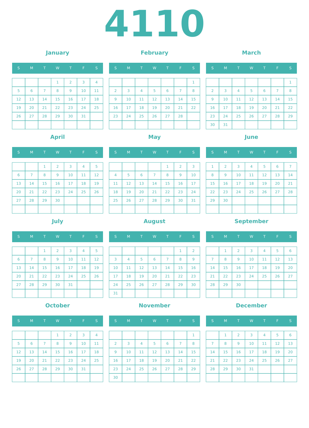 Printable 4110 Year Calendars verdigris