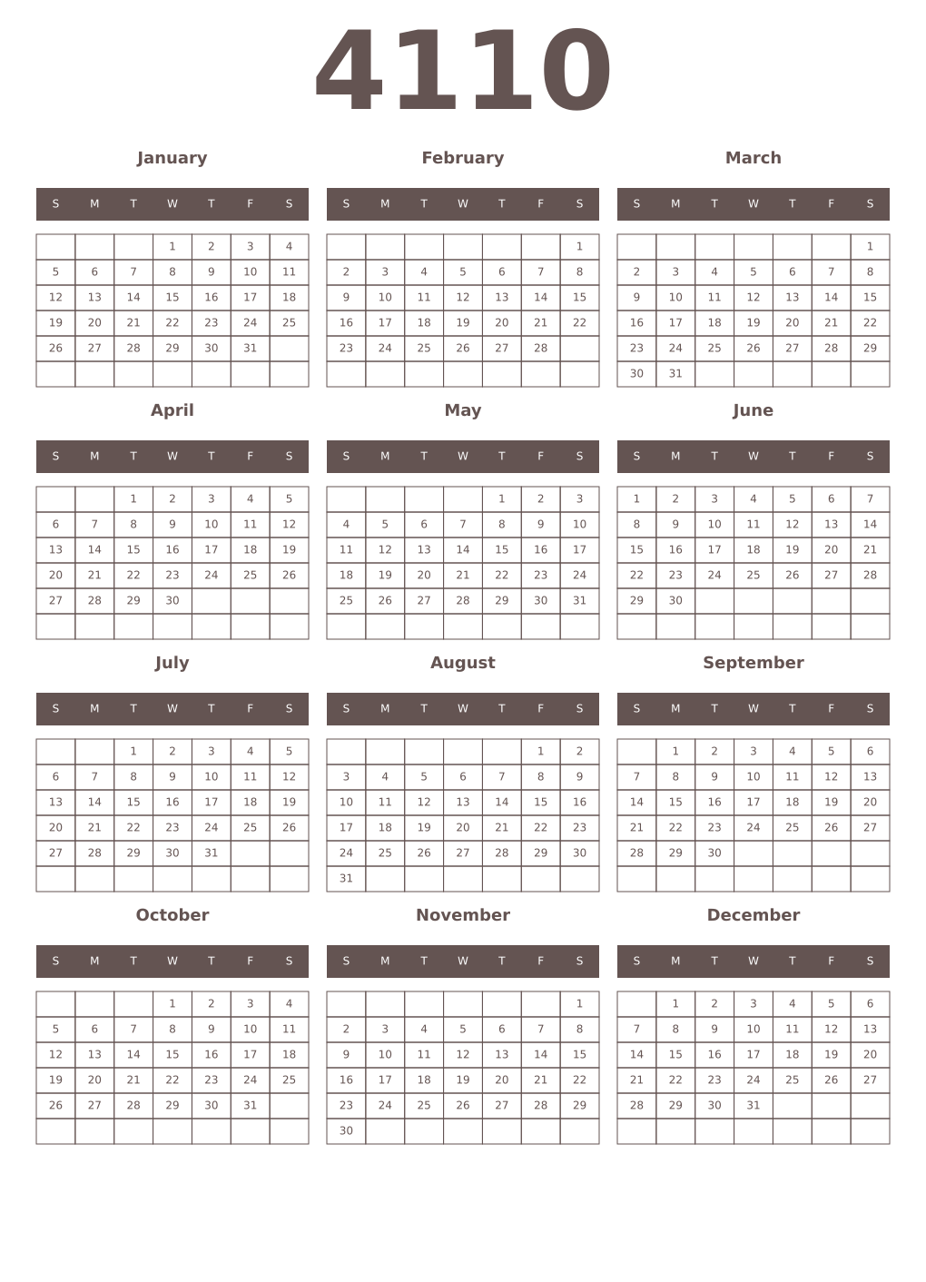 Printable 4110 Year Calendars wenge