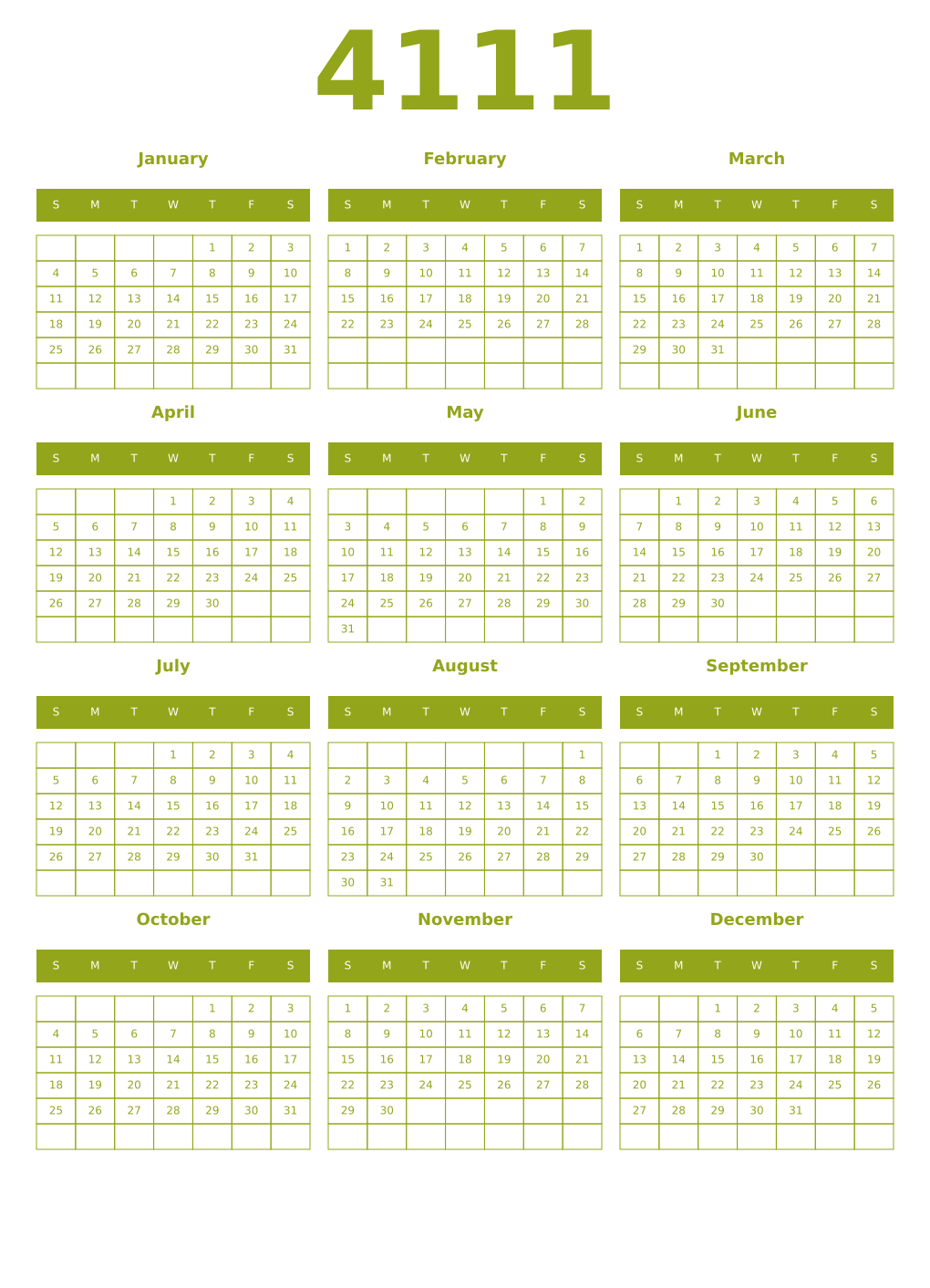 Printable 4111 Year Calendars chartreuse