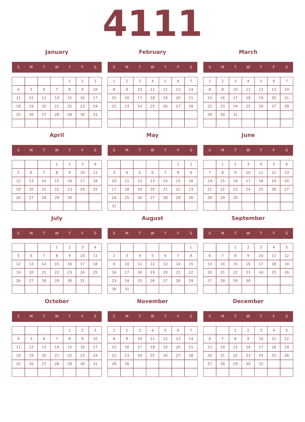 Printable 4111 Year Calendars cordovan