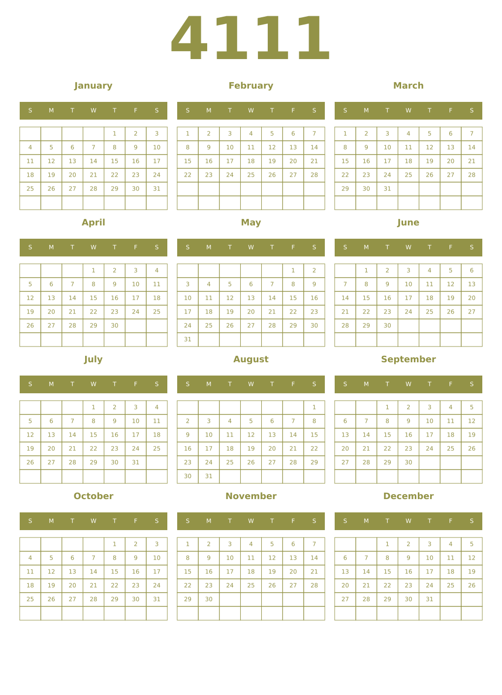 Printable 4111 Year Calendars eburnean