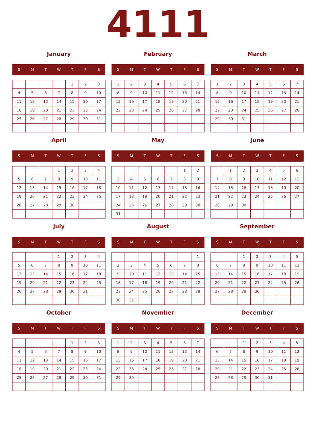 Printable 4111 Year Calendars falu