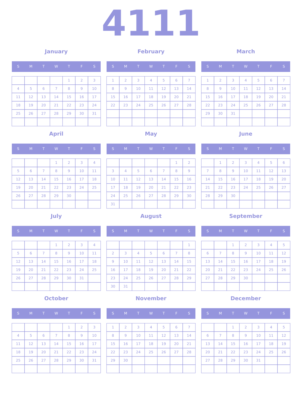 Printable 4111 Year Calendars periwinkle