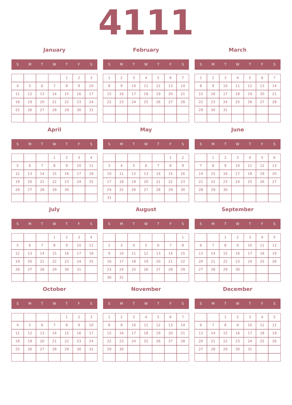 Printable 4111 Year Calendars puce