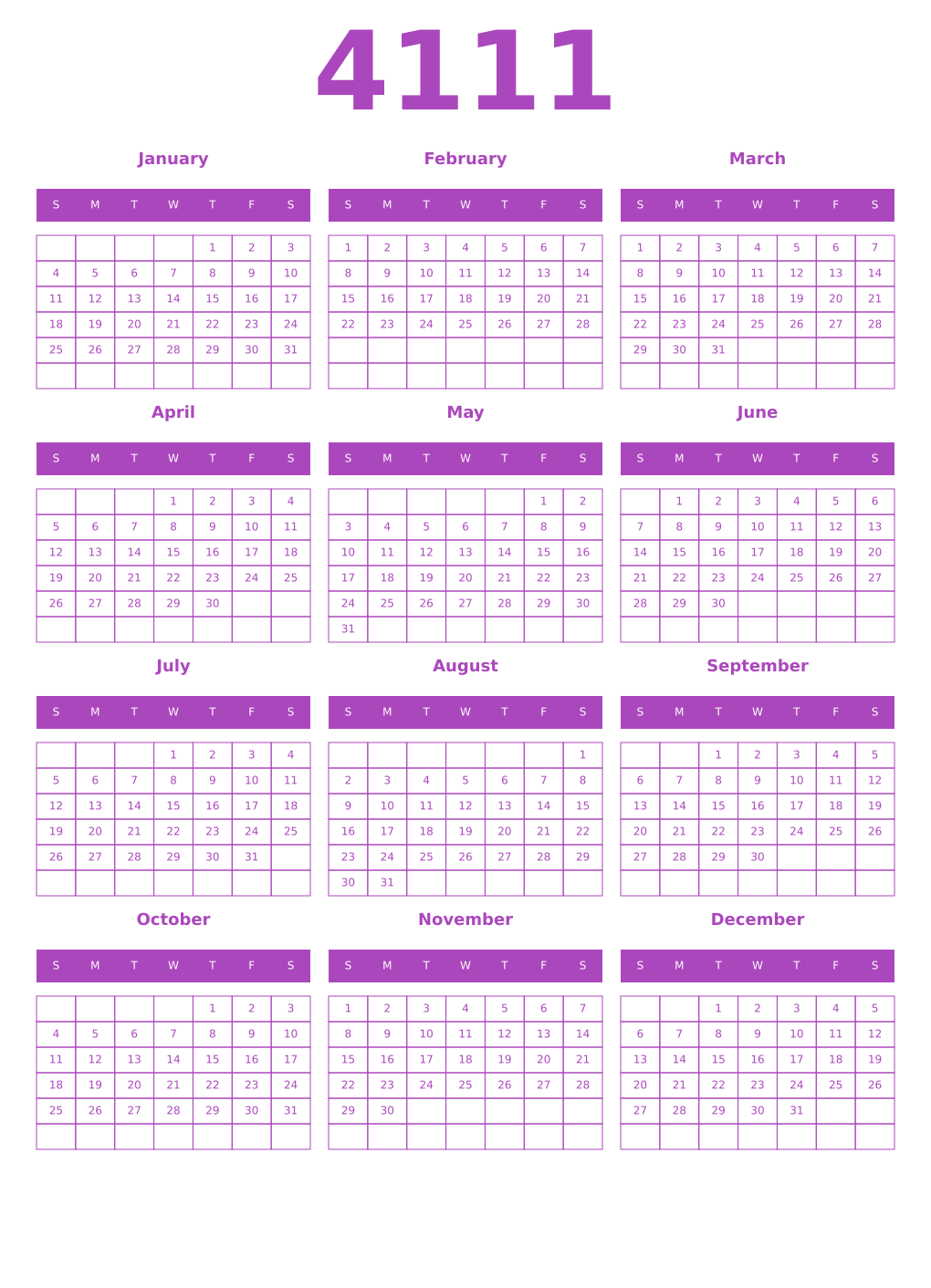 Printable 4111 Year Calendars purple