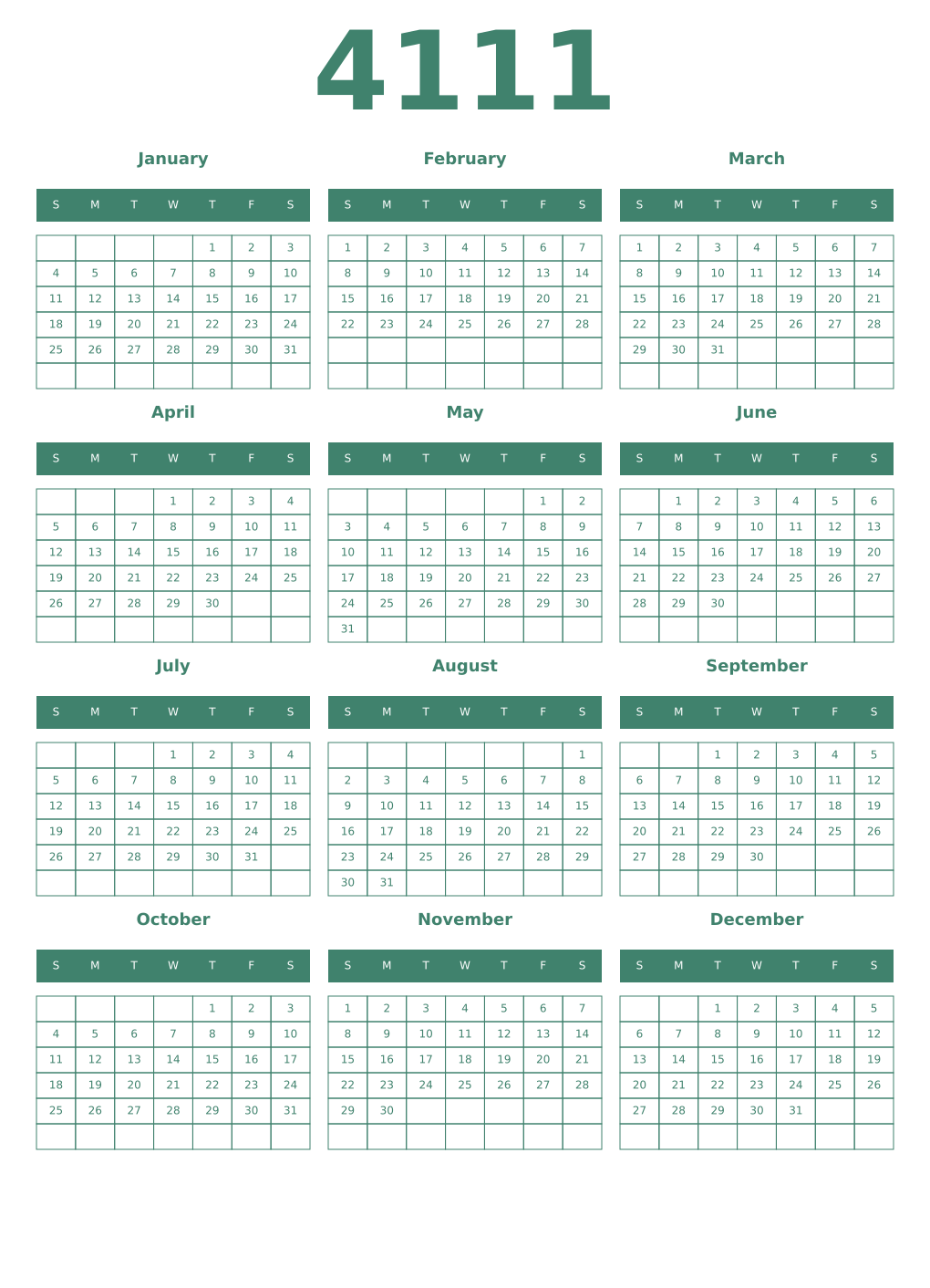 Printable 4111 Year Calendars viridian