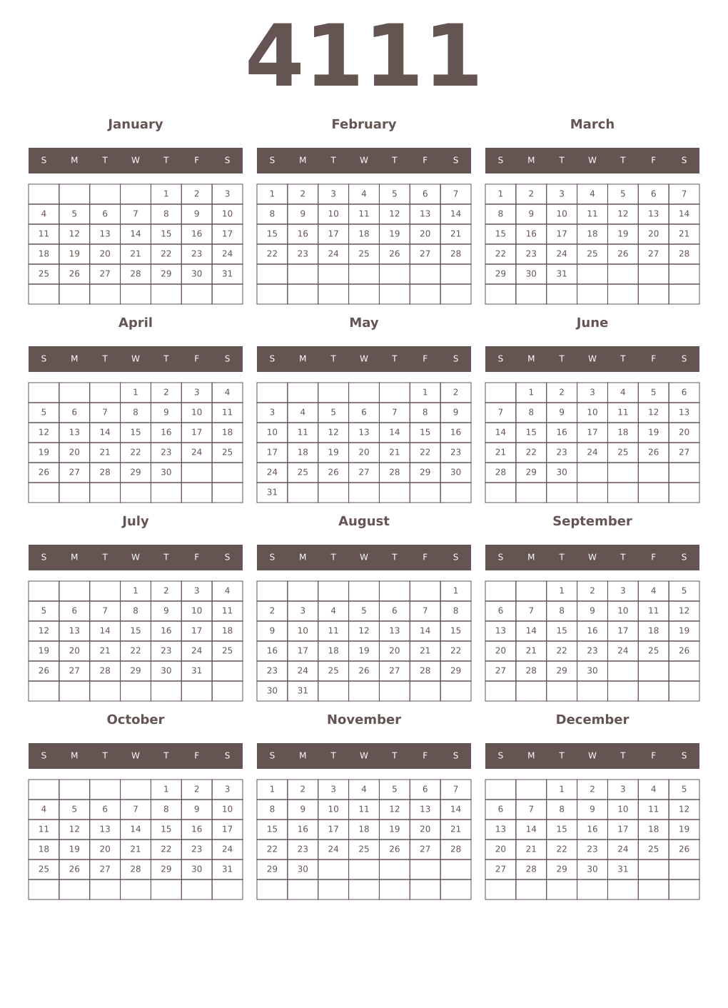 Printable 4111 Year Calendars wenge