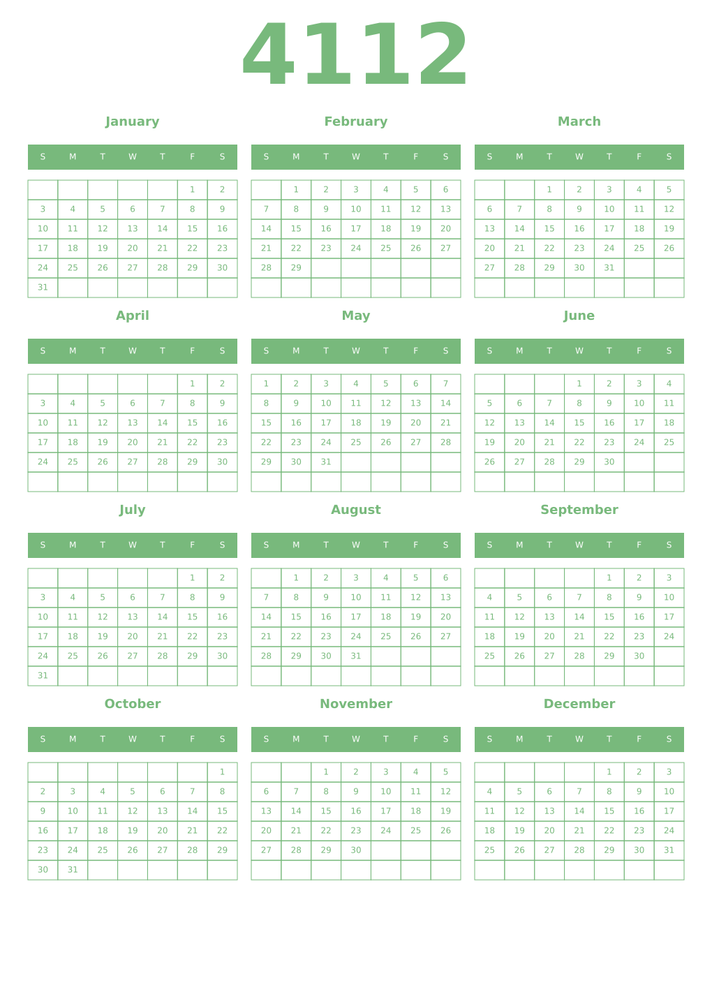 Printable 4112 Year Calendars celadon