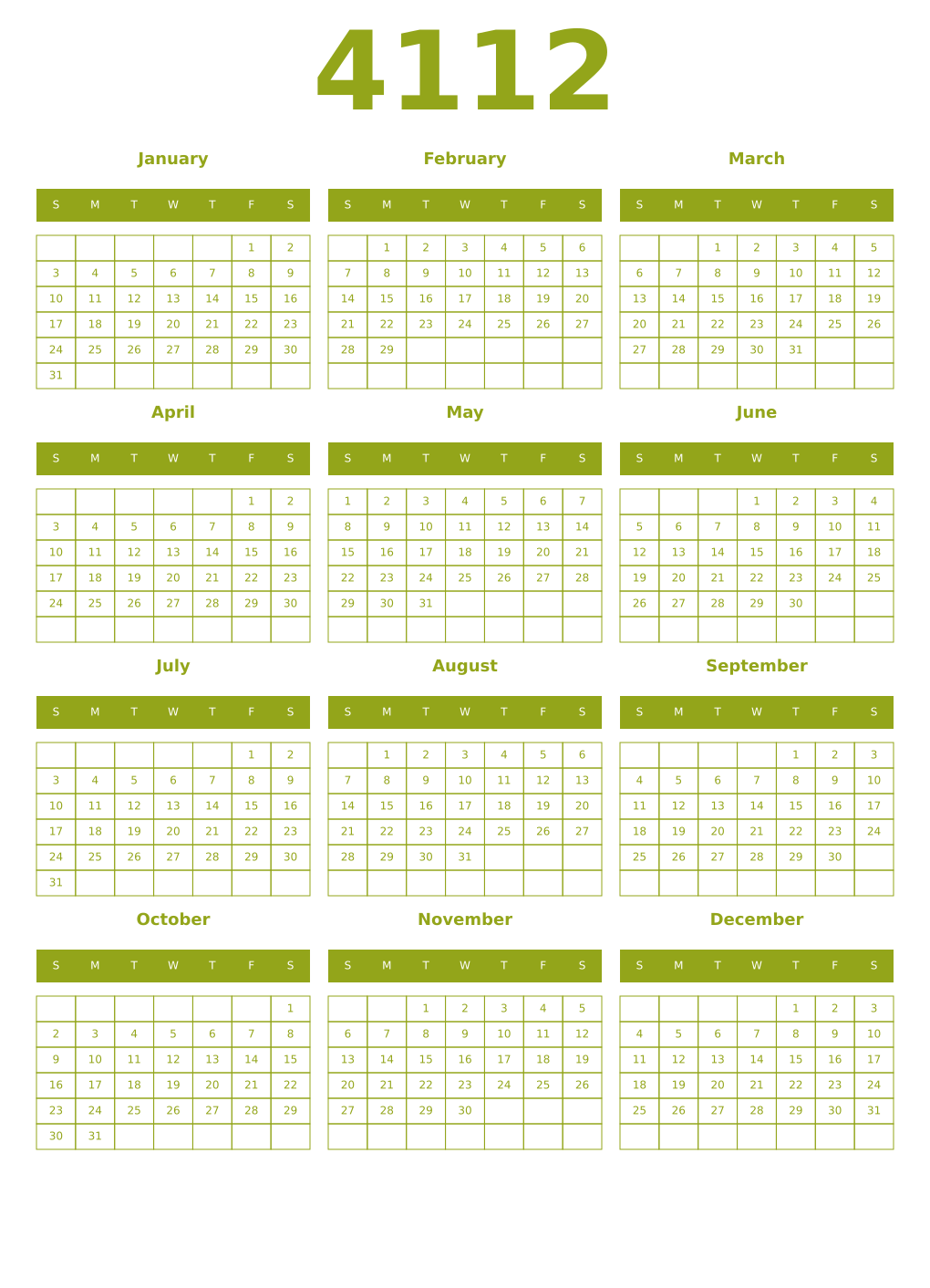 Printable 4112 Year Calendars chartreuse