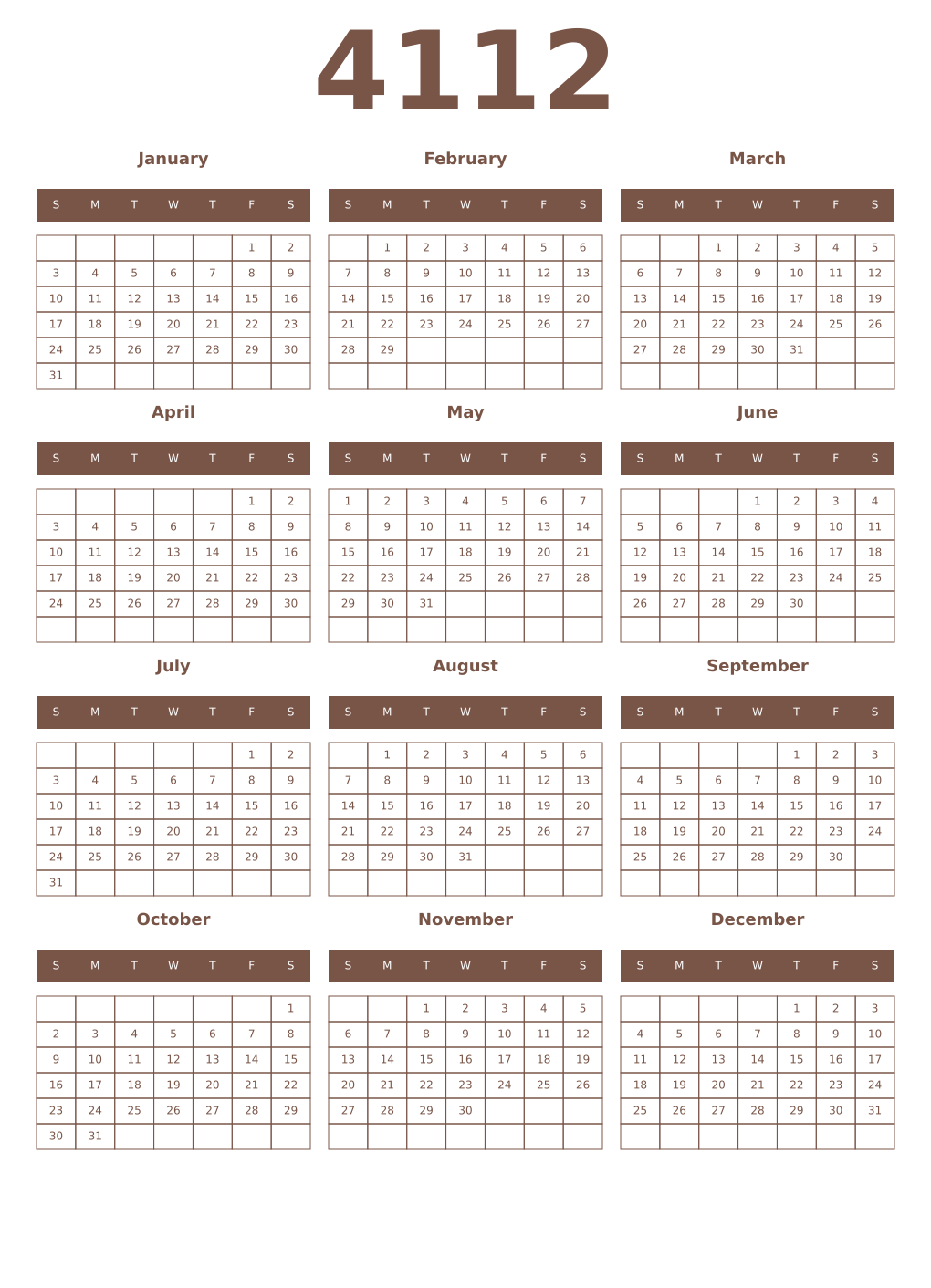Printable 4112 Year Calendars coffe