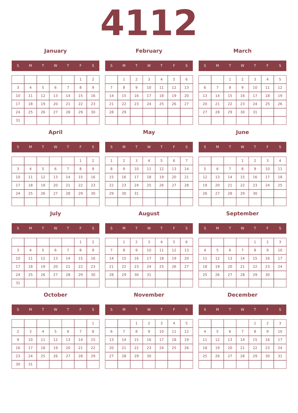 Printable 4112 Year Calendars cordovan
