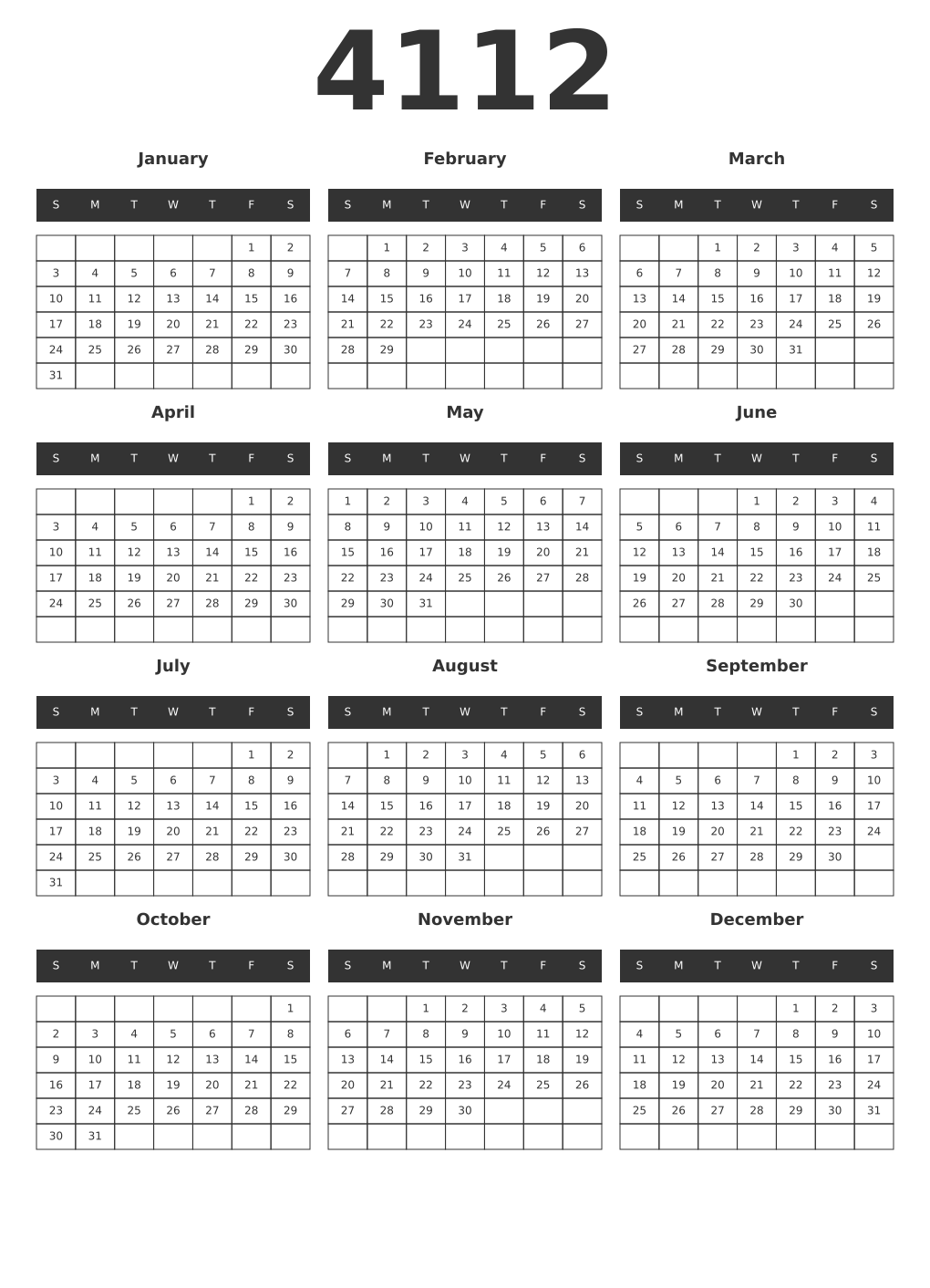 Printable 4112 Year Calendars dark