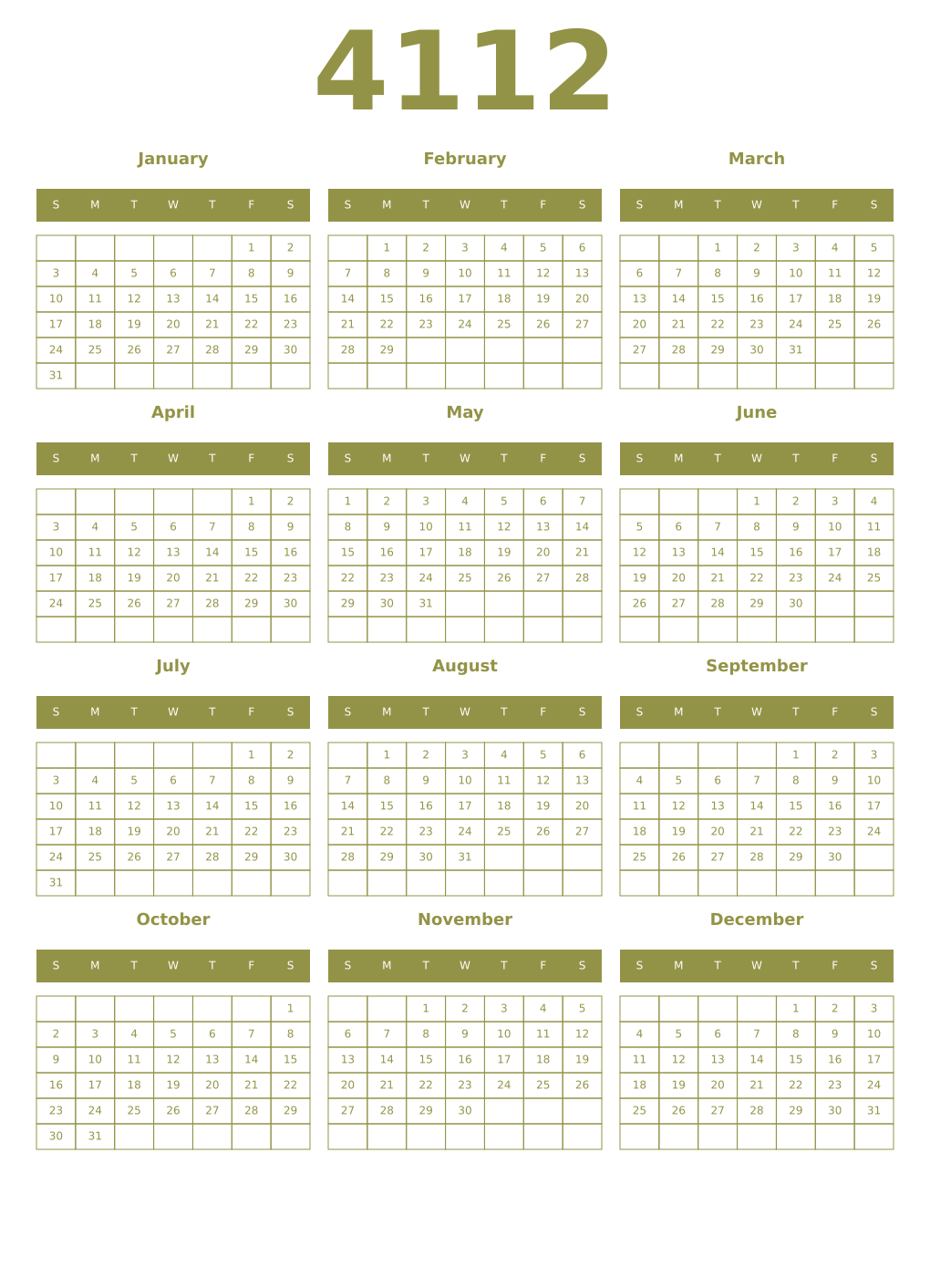 Printable 4112 Year Calendars eburnean