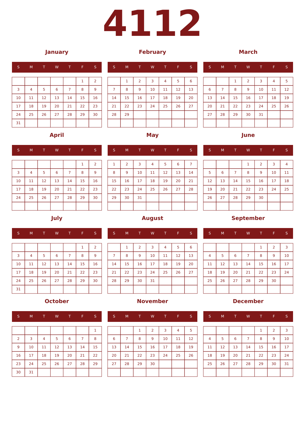 Printable 4112 Year Calendars falu