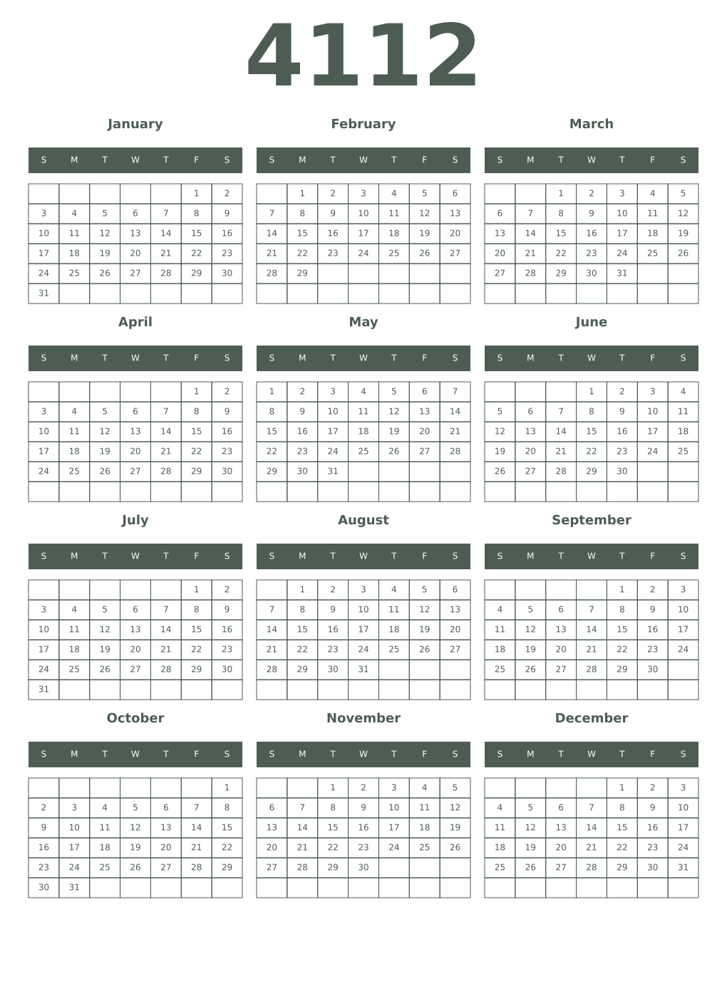 Printable 4112 Year Calendars feldgrau
