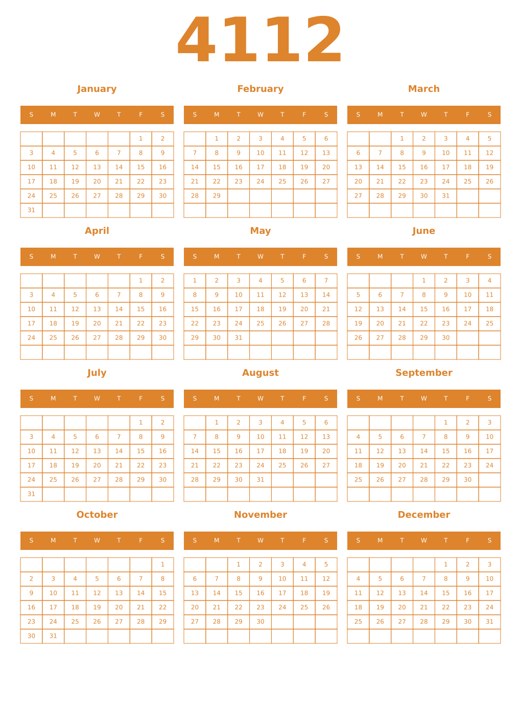 Printable 4112 Year Calendars orange