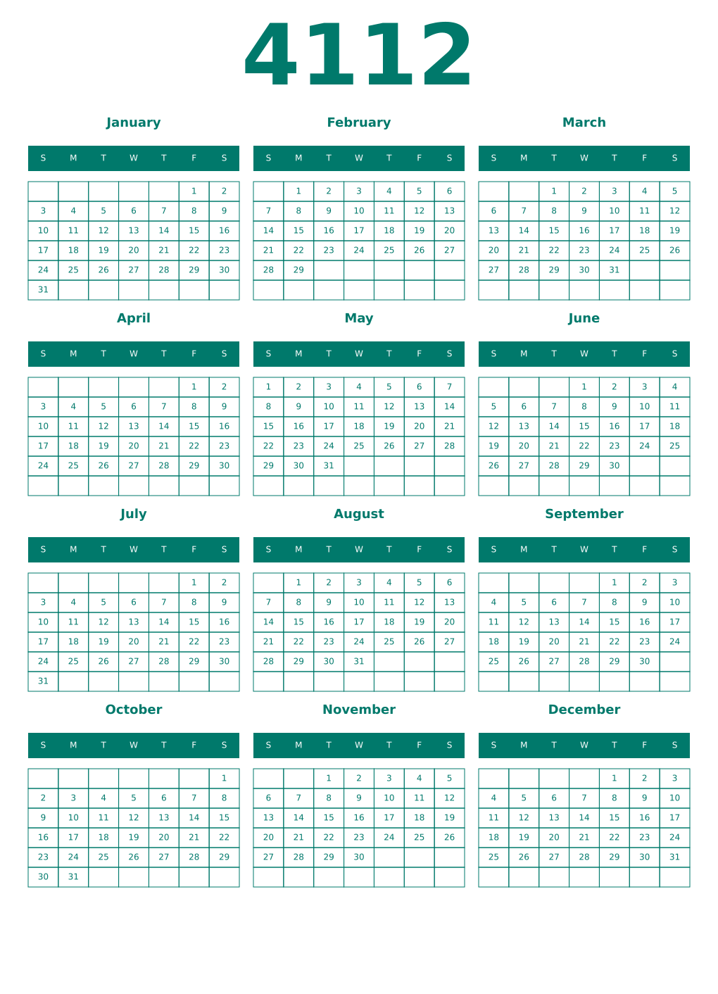 Printable 4112 Year Calendars pastel