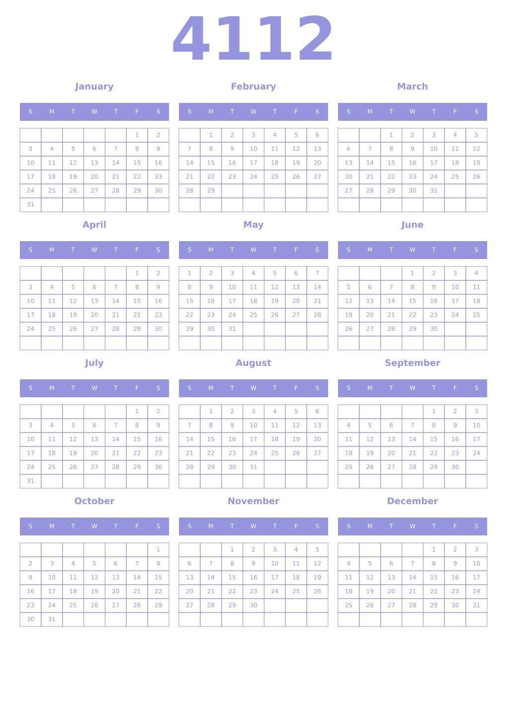 Printable 4112 Year Calendars periwinkle