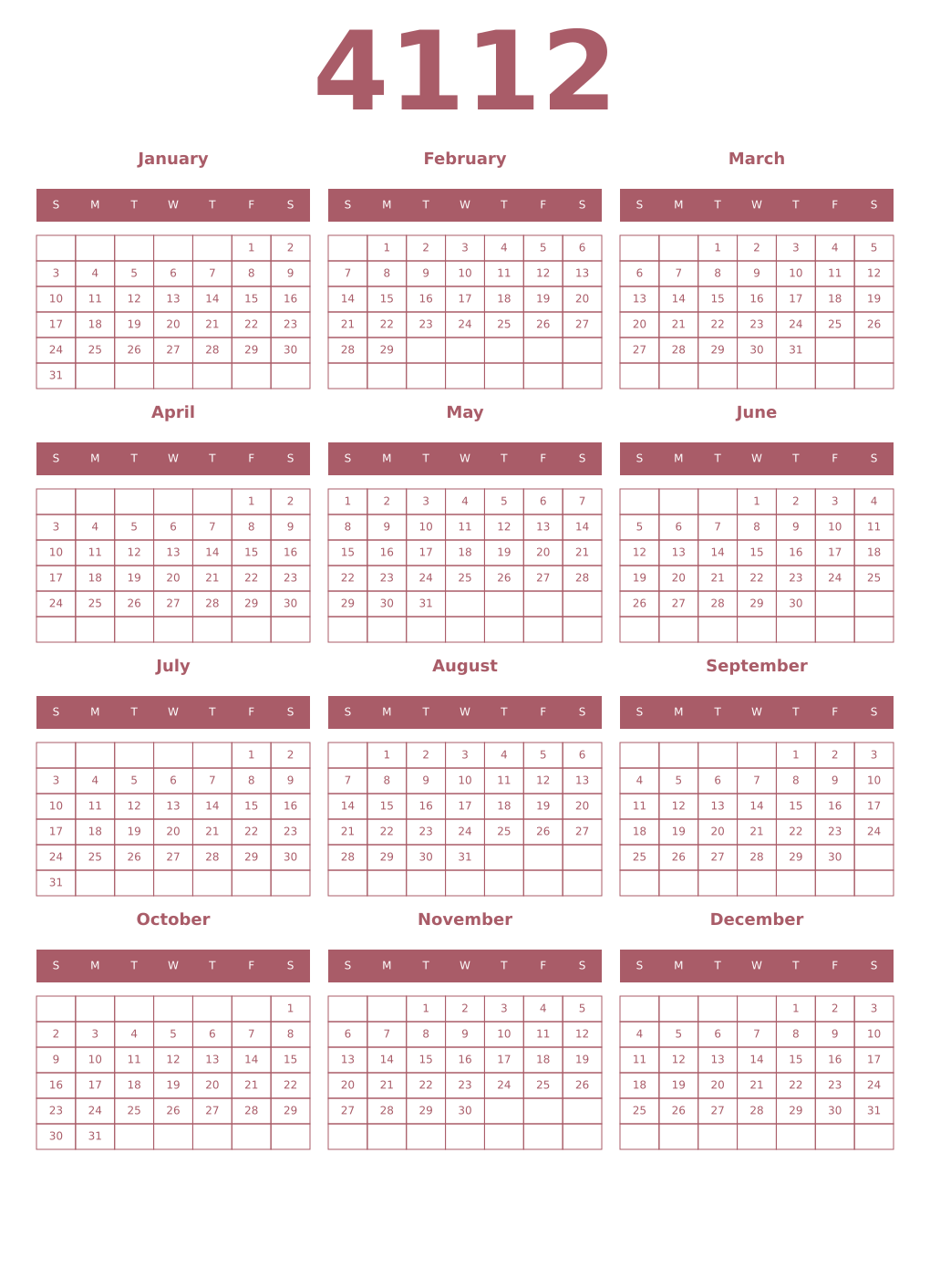 Printable 4112 Year Calendars puce