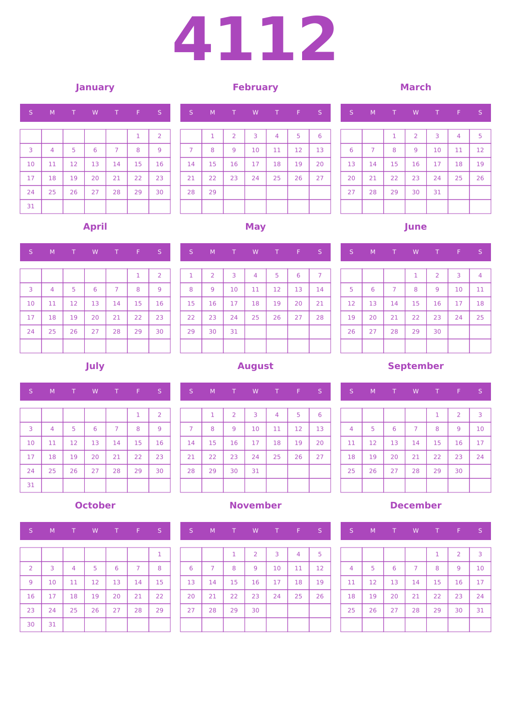 Printable 4112 Year Calendars purple