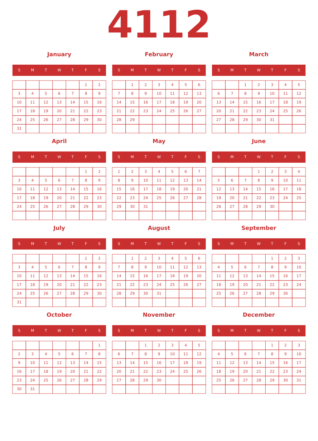 Printable 4112 Year Calendars red
