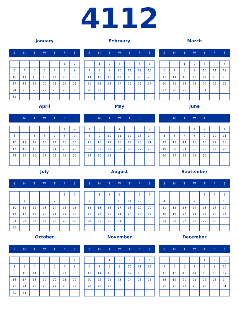 Printable 4112 Year Calendars smalt