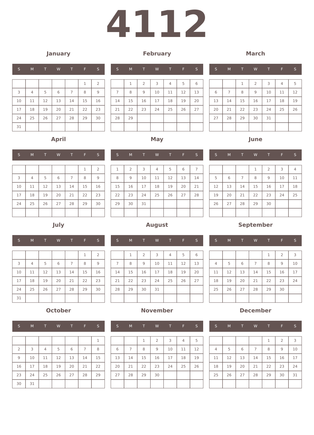 Printable 4112 Year Calendars wenge