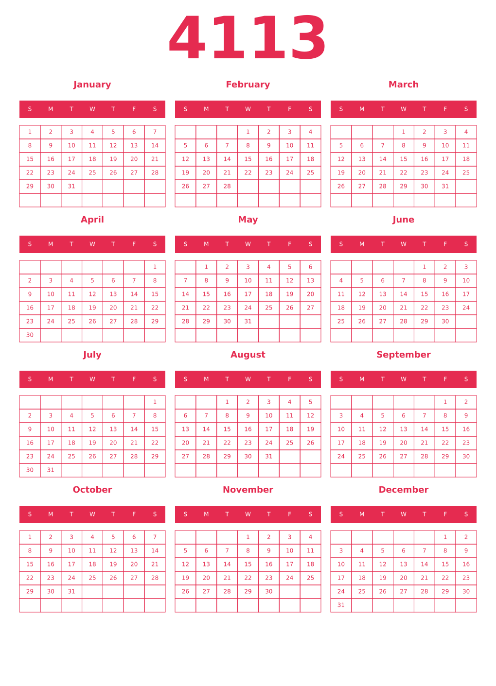 Printable 4113 Year Calendars amaranth